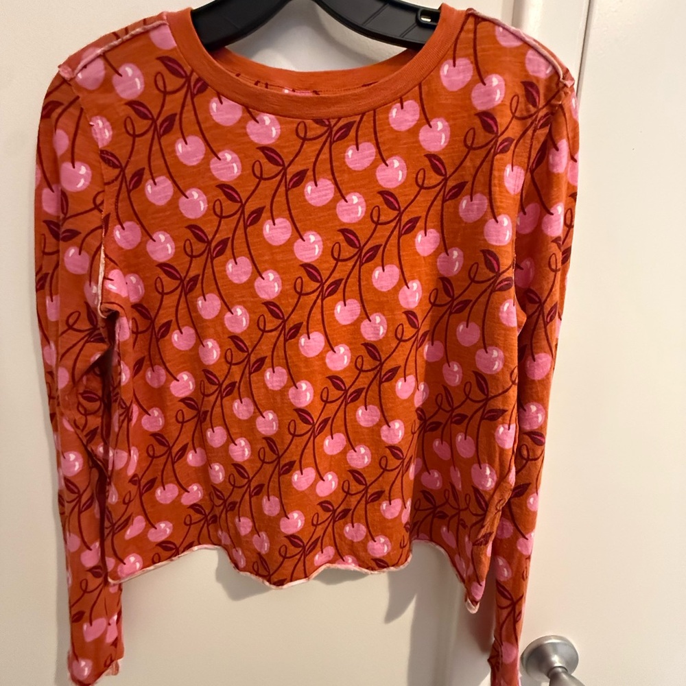 Anthropologie Maeve Orange and Pink Cherry Print Long Sleeved Tee XS
